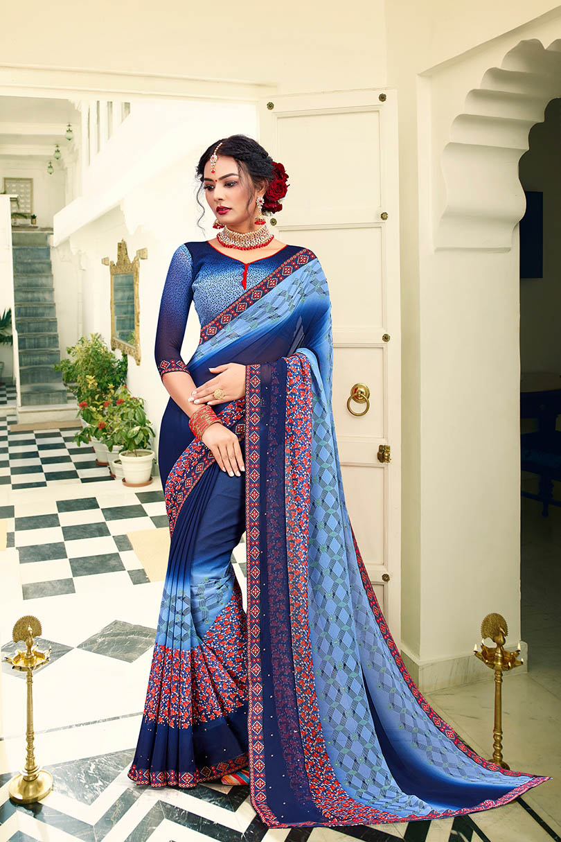 Blue Georgette Printed Saree with Border, Embellishments 