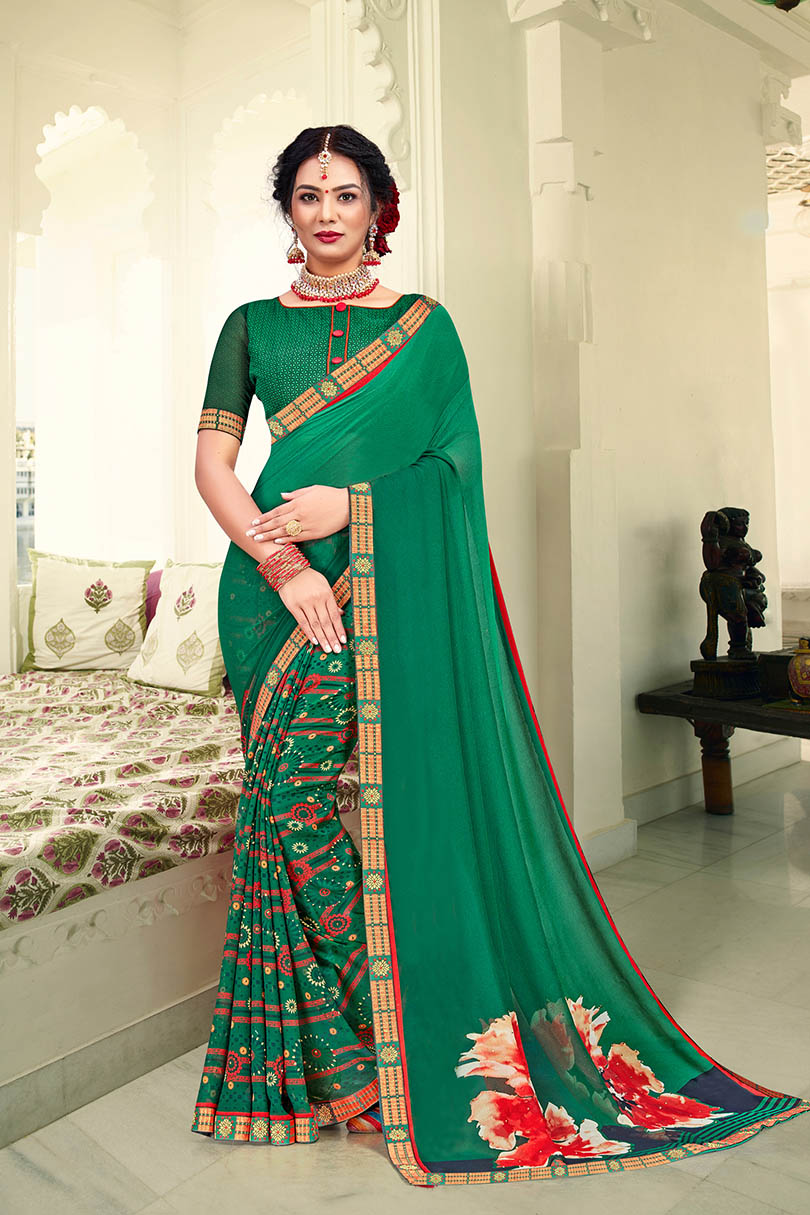 Green Georgette Printed Saree with Border, Embellishments 