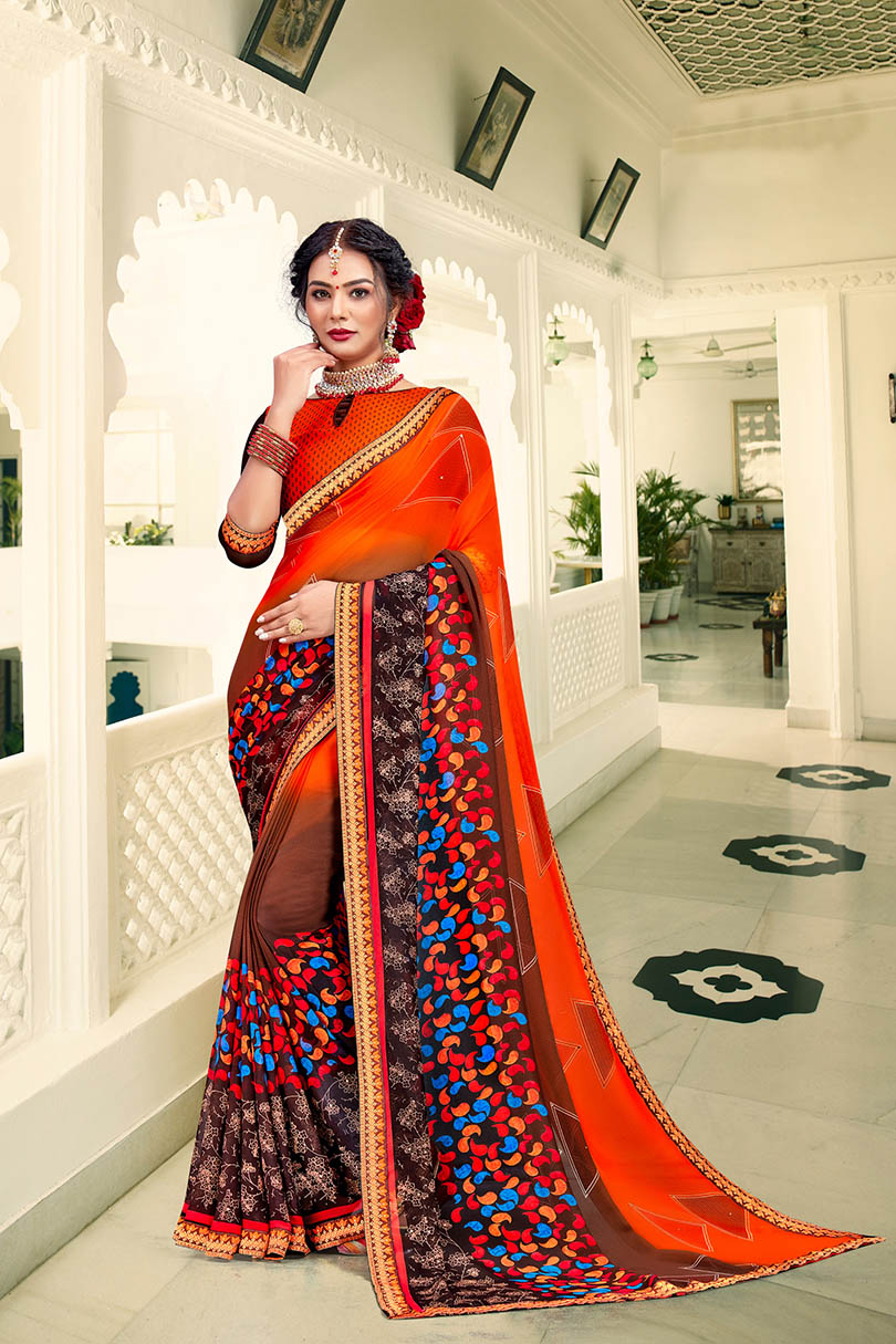 Orange Georgette Printed Saree with Border, Embellishments 