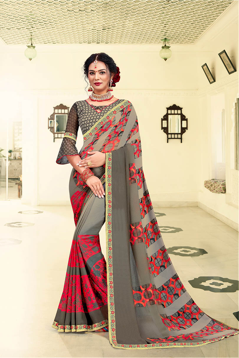 Grey Georgette Printed Saree with Border, Embellishments 