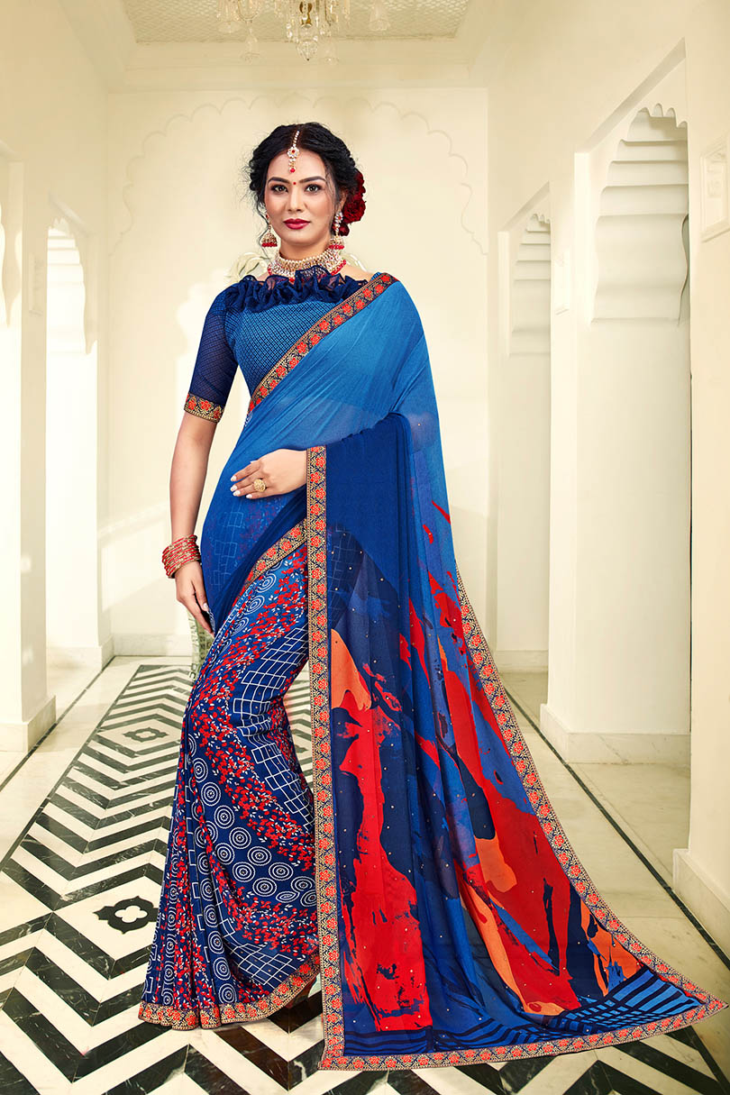 Blue Georgette Printed Saree with Border, Embellishments 