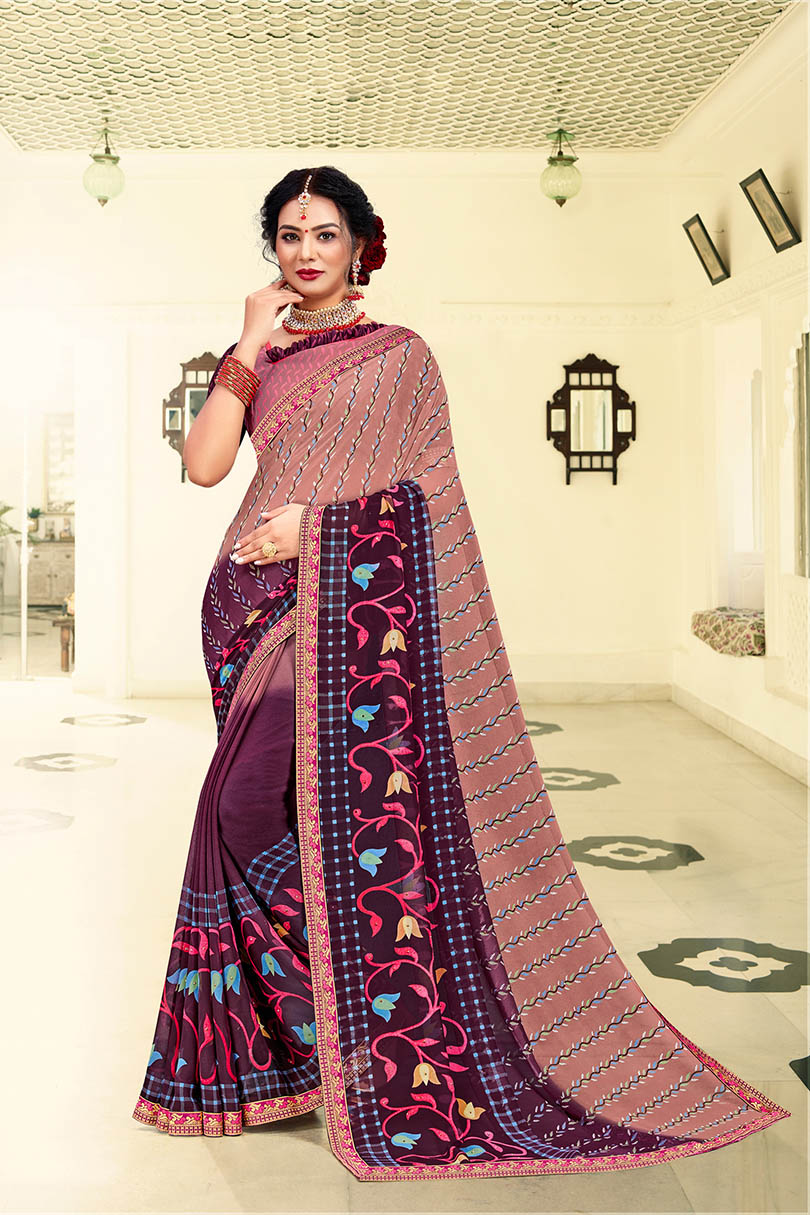 Mauve Georgette Printed Saree with Border, Embellishments 