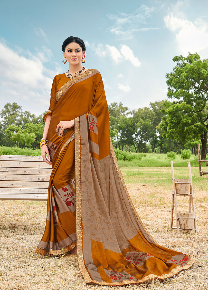 Mustard Silk Designer Printed Saree with Border & Embellishments