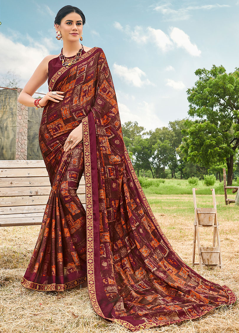 Dark Pink Silk Designer Printed Saree with Border & Embellishments