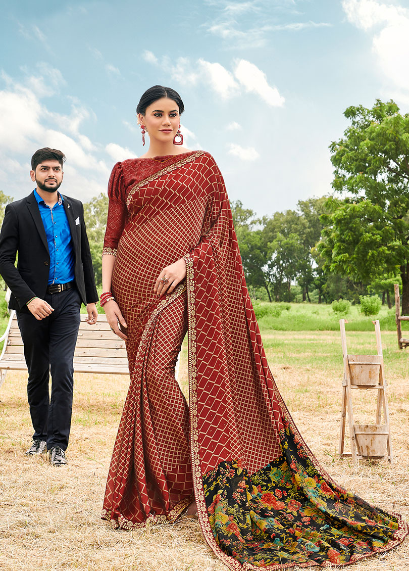 Maroon Silk Designer Printed Saree with Border & Embellishments
