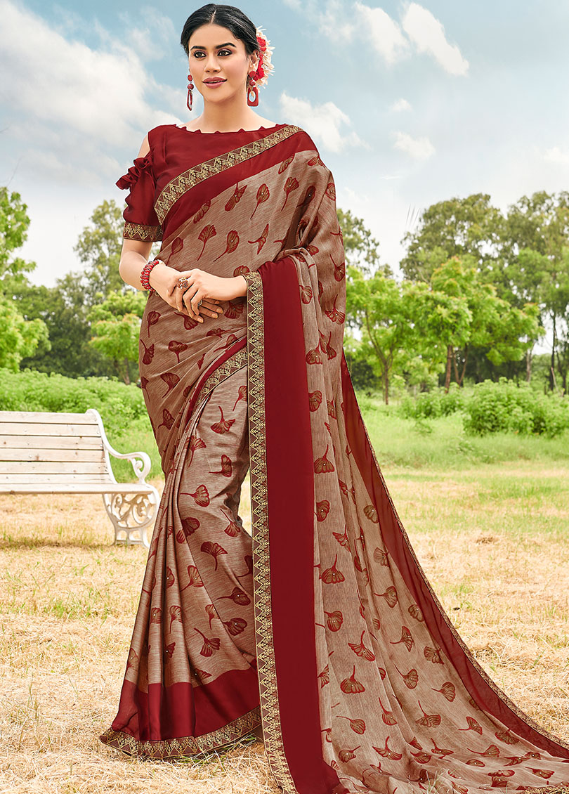 Maroon Silk Designer Printed Saree with Border & Embellishments