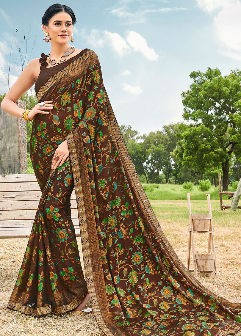 Brown Silk Designer Printed Saree with Border & Embellishments