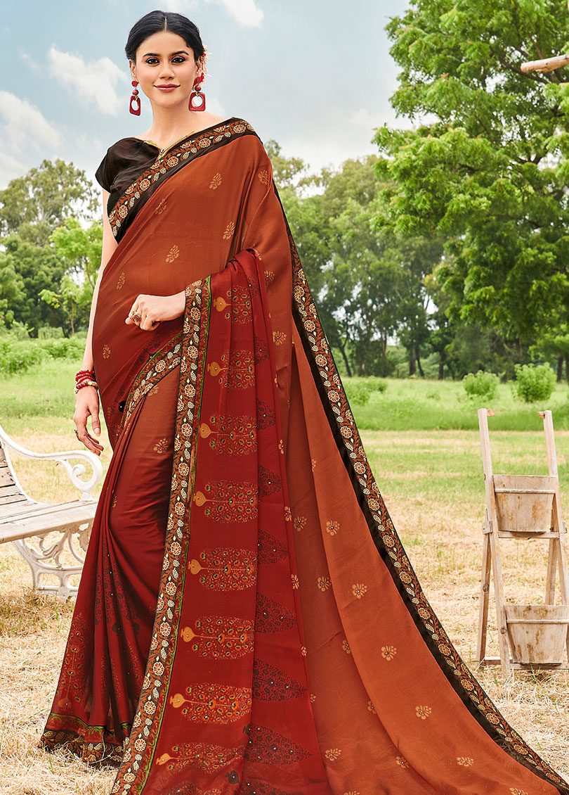 Red-Rust Silk Designer Printed Saree with Border & Embellishments