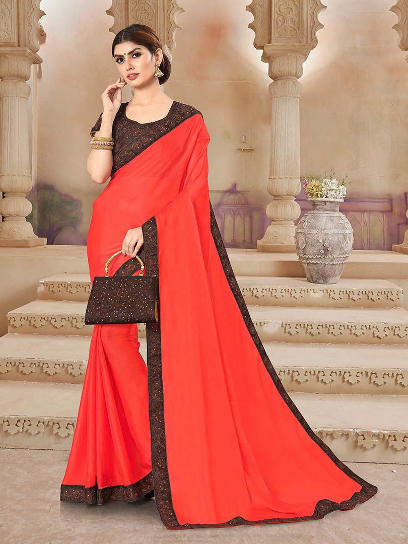 Orange Chiffon Bordered Saree with Embellishments, Purse