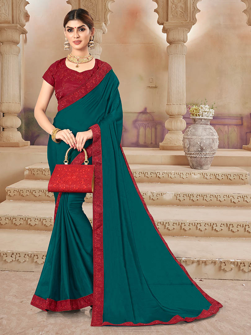 Green Chiffon Bordered Saree with Embellishments, Purse