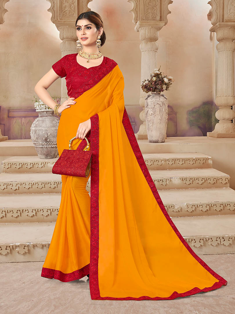 Yellow Chiffon Bordered Saree with Embellishments, Purse