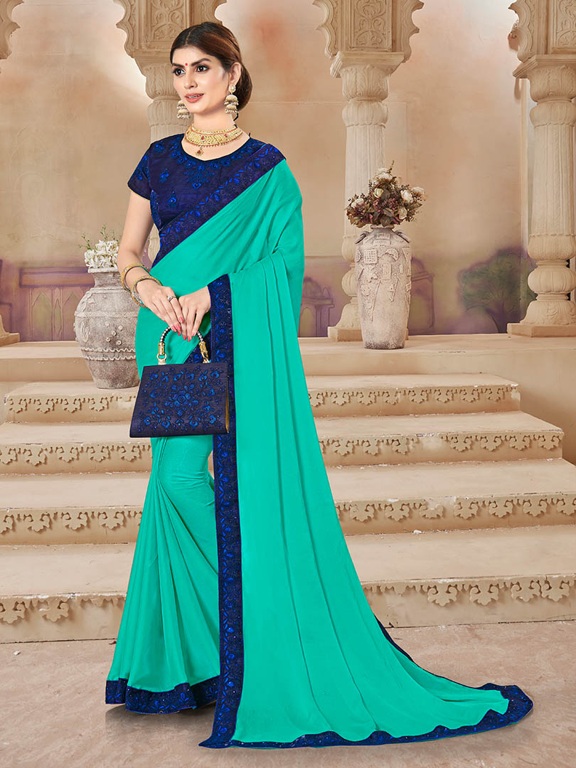 Turquoise Chiffon Bordered Saree with Embellishments, Purse