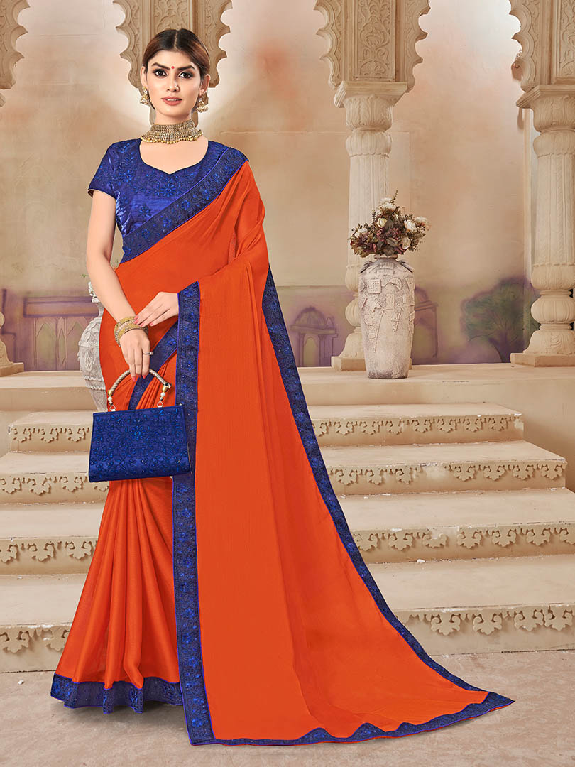 Orange Chiffon Bordered Saree with Embellishments, Purse