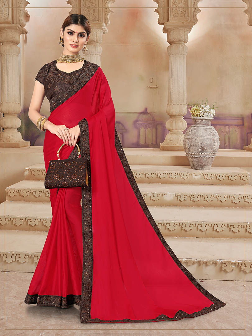 Red Chiffon Bordered Saree with Embellishments, Purse