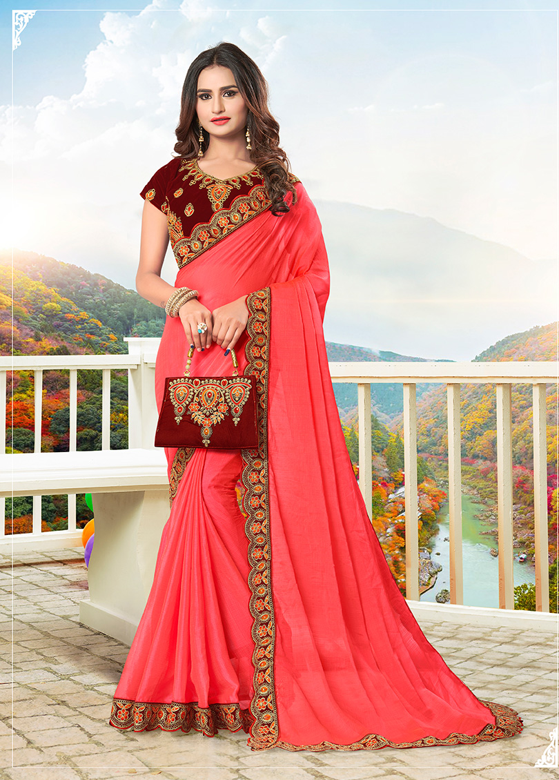 Pink Chiffon Designer Bordered Saree with Embellishments, Purse