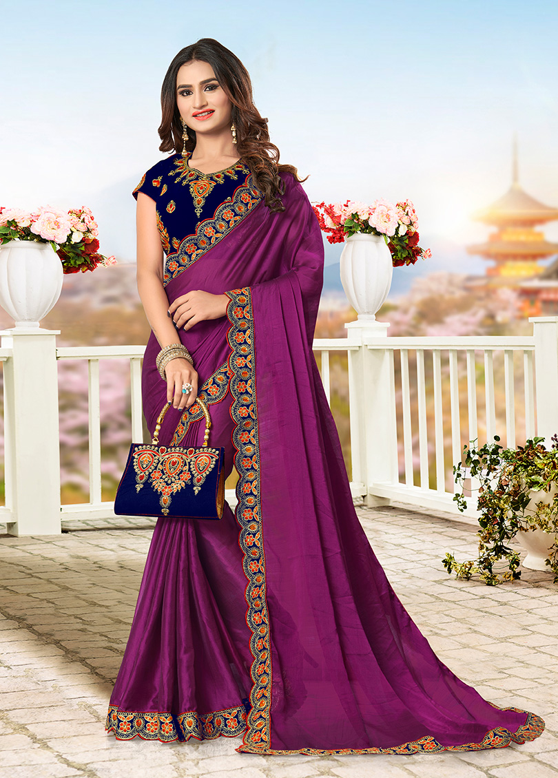 Purple Chiffon Designer Bordered Saree with Embellishments, Purse