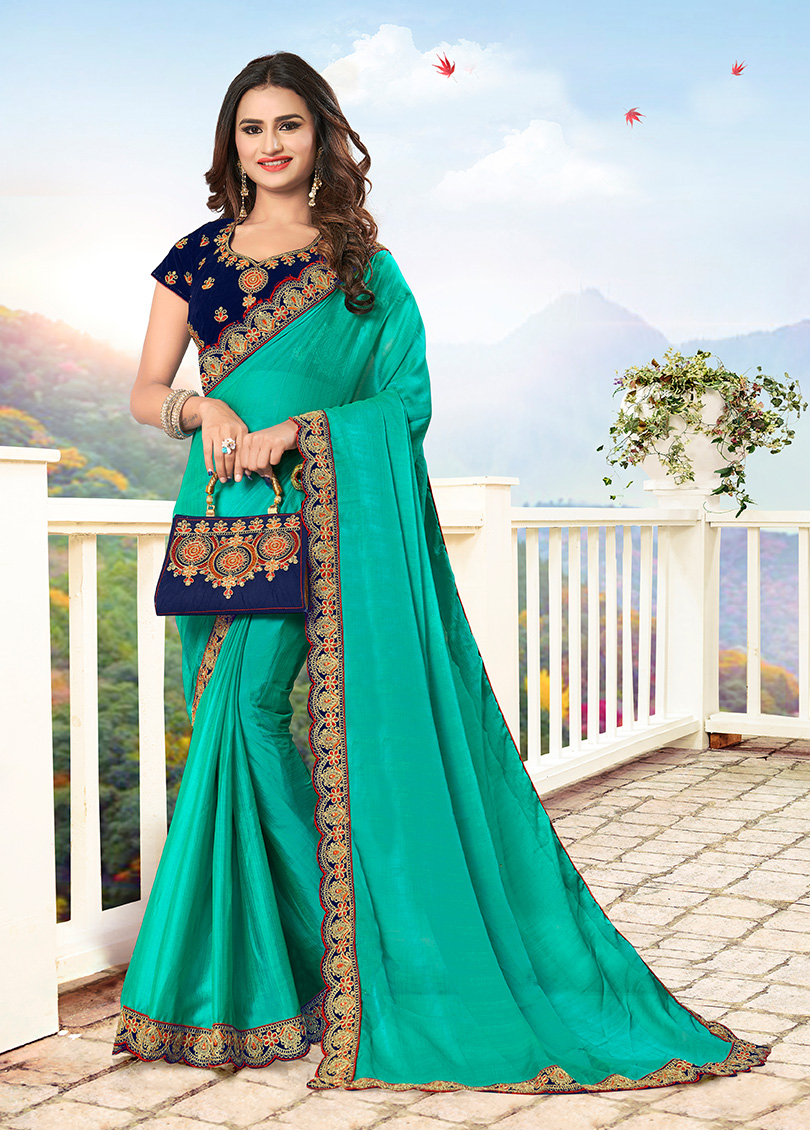 Blue Chiffon Designer Bordered Saree with Embellishments, Purse