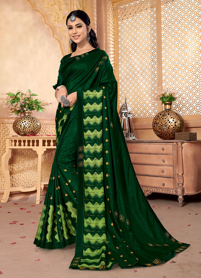 Green Silk Designer Party wear Foil Printed Saree with Border
