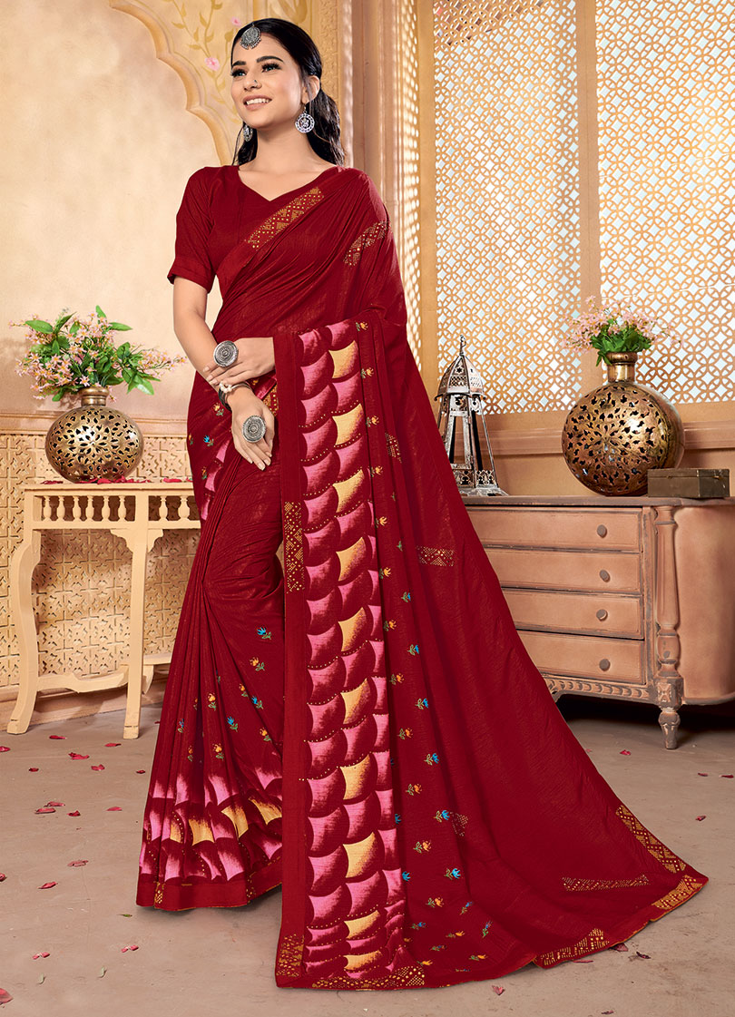 Red Silk Designer Party wear Foil Printed Saree with Border