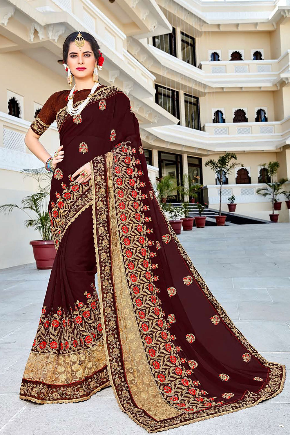 Brown Georgette Embroidered Saree with Embellishments, Border
