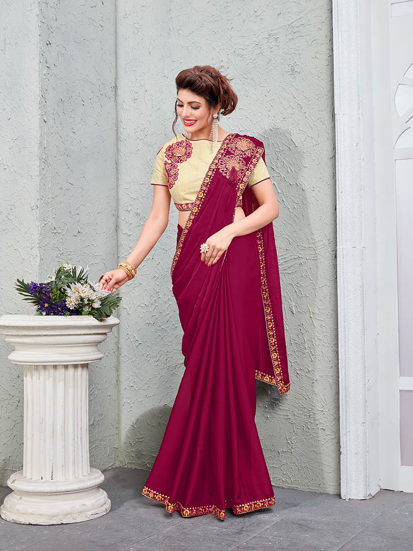 Burgundy Silk Fancy Embroidery & Diamond Work Shoulder Brooch Saree with Lace