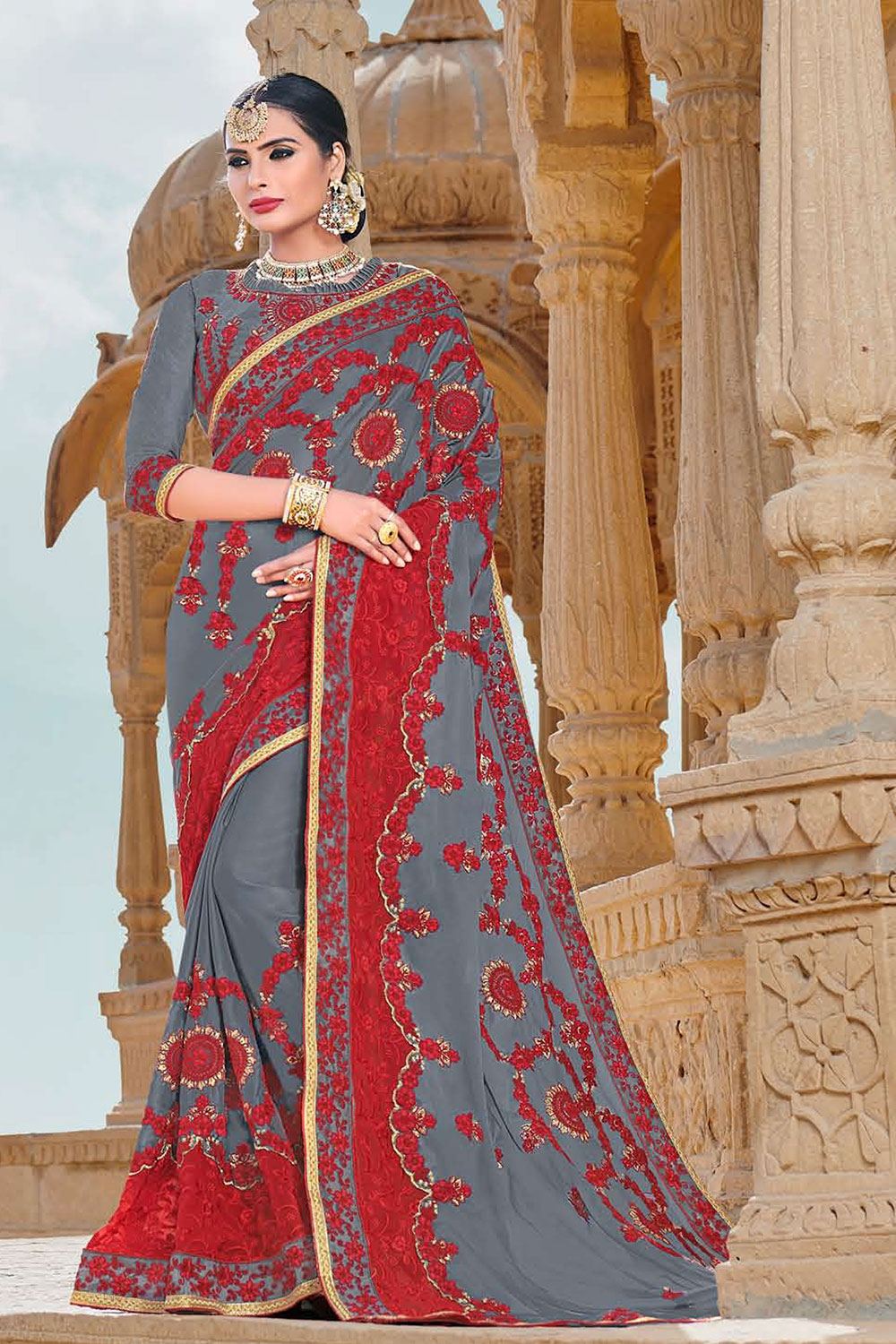 Grey Silk Saree with Red Embroidery work, Border