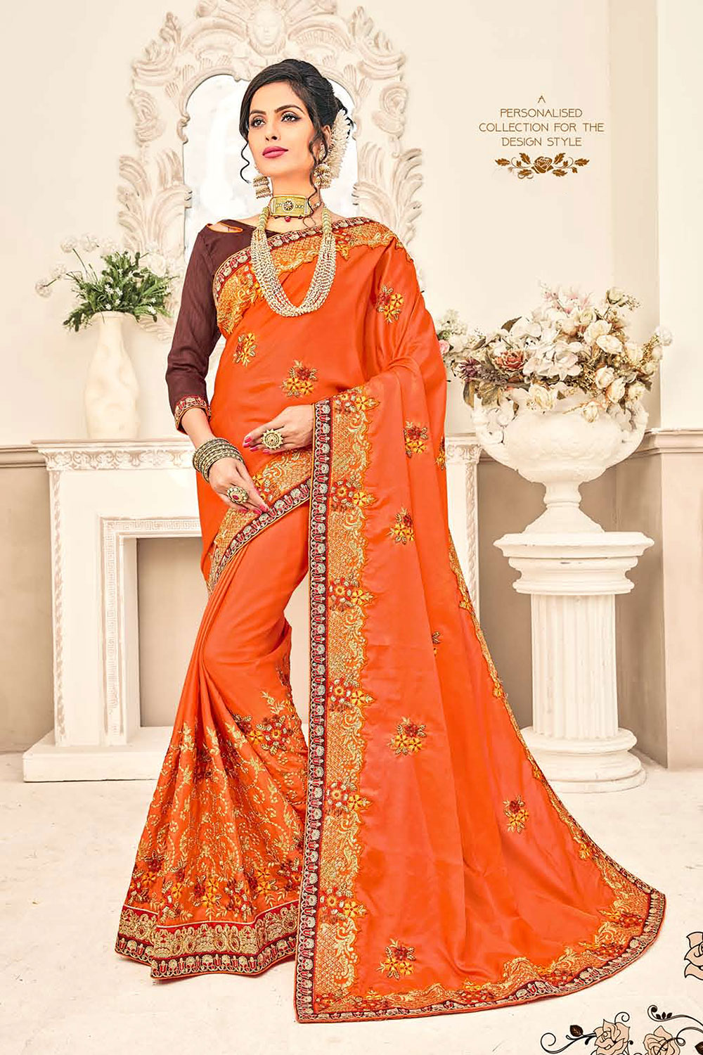 Orange Silk Embroidered Saree with Border