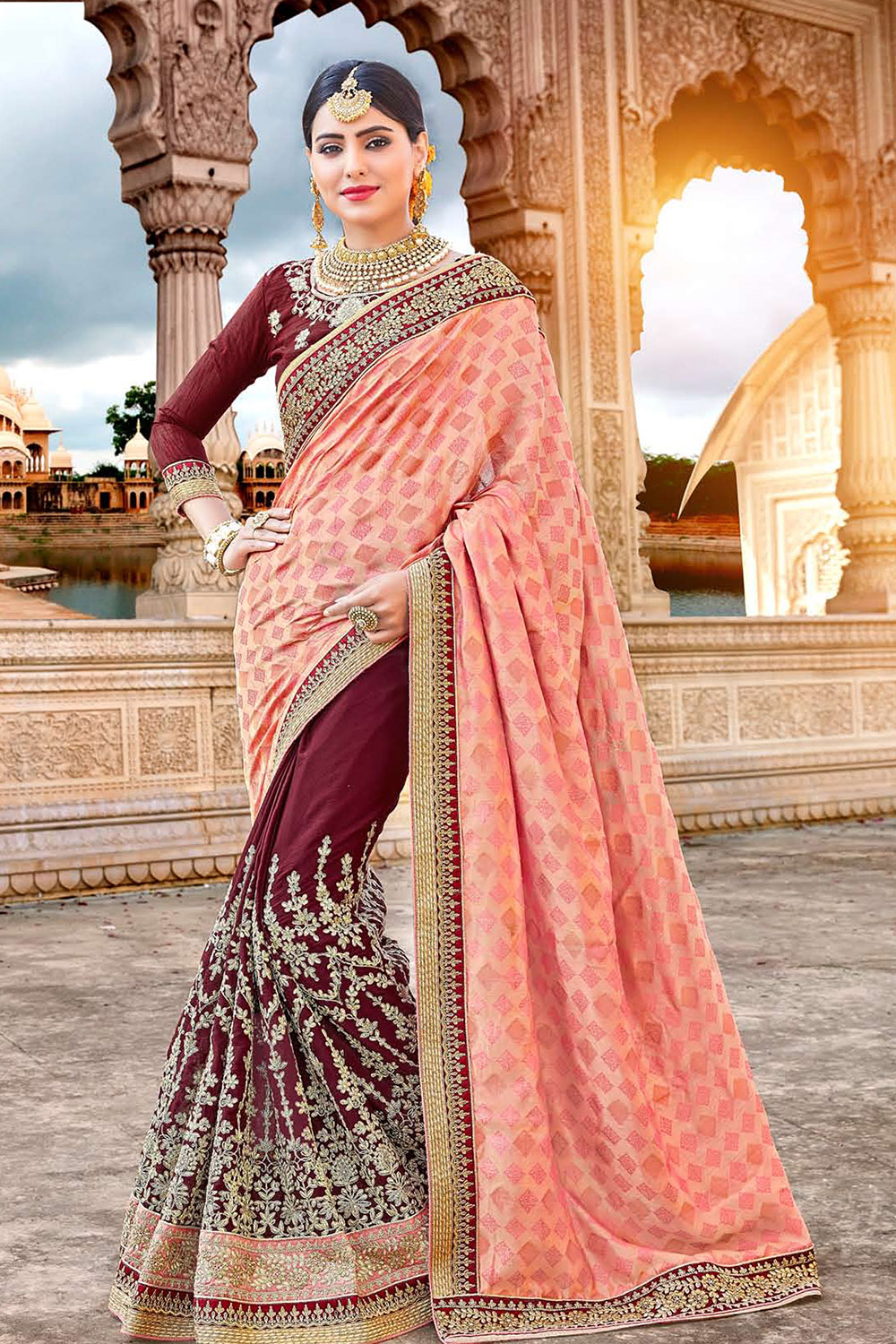 Peach Maroon Silk Chiffon Half n Half Embroidered Saree with Embellishments, Border