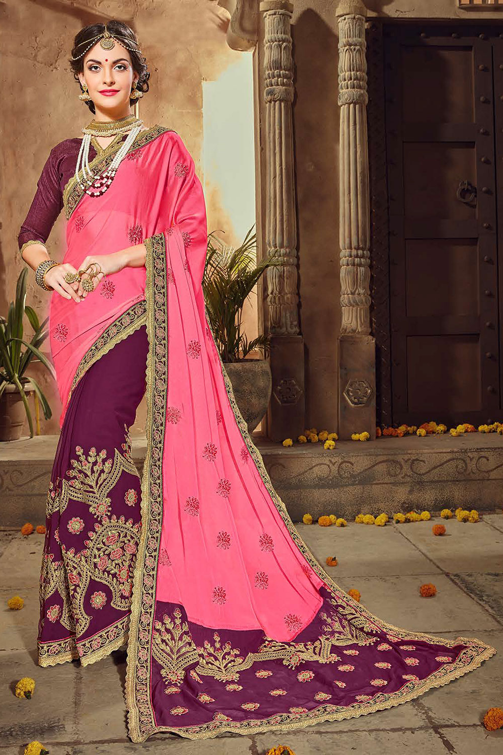Pink Purple Georgette Half n Half Embroidered Saree with Embellishments, Border