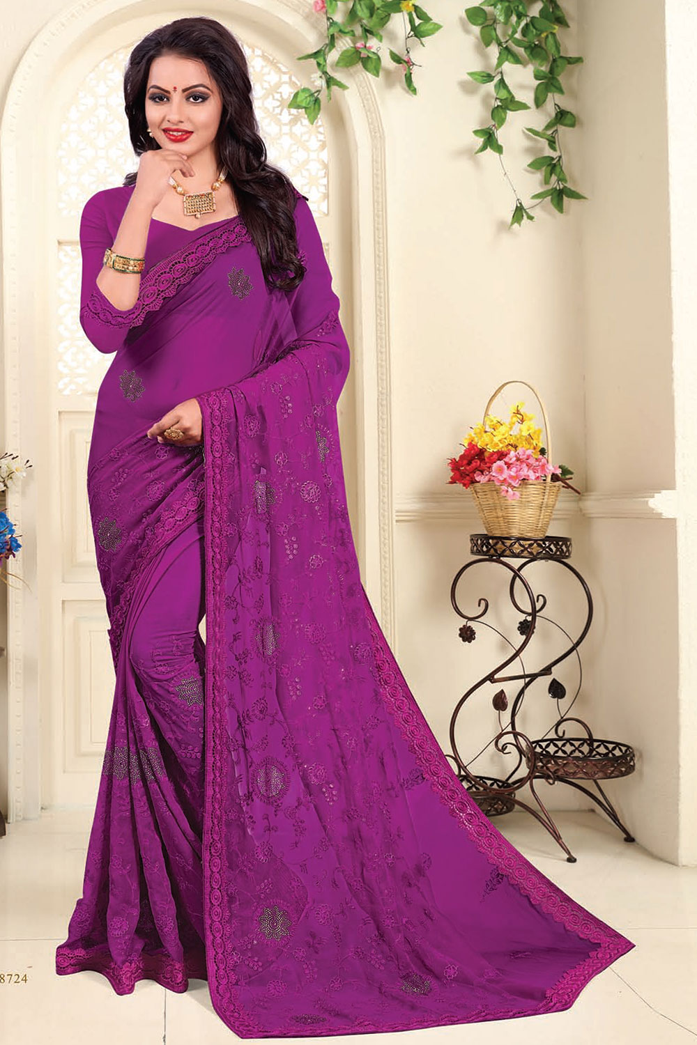 Purple Georgette Designer Embroidered Swarovski work Saree with Border